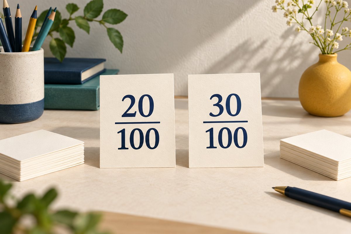 20/100与30/100两张卡片,表示两次统计保留相同分母的示意