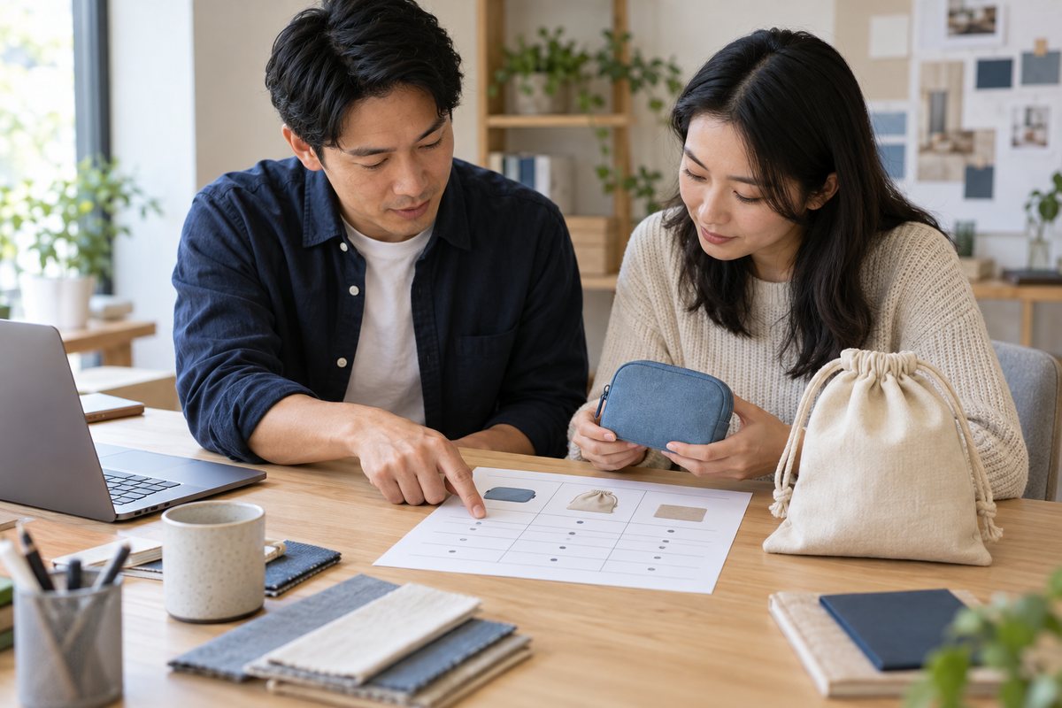 两位同事对照布袋样例和三列表格,逐行检查资料是否对应正确产品