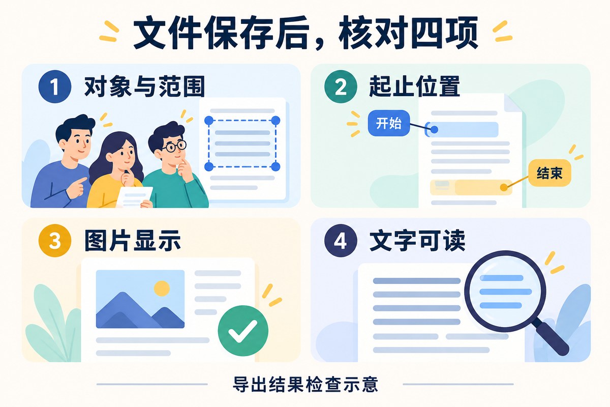 打开导出文件后核对内容范围、起止位置、图片和文字的检查示意