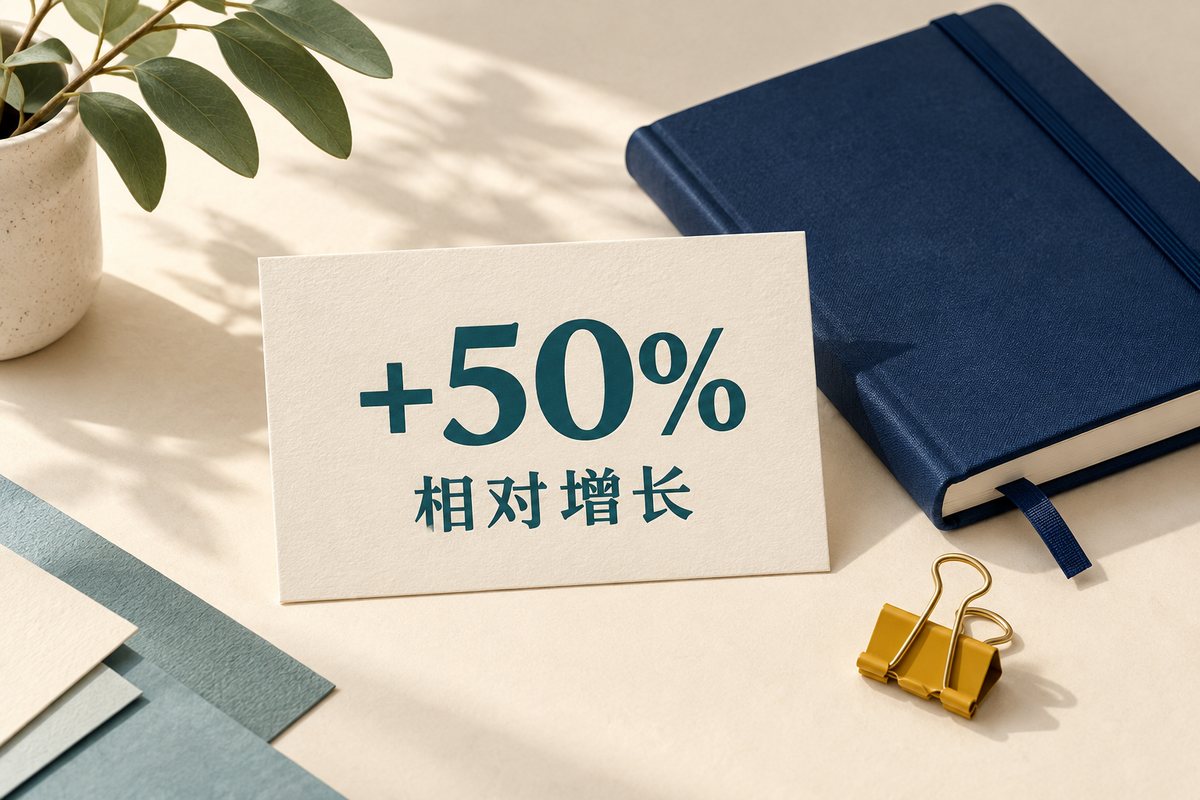 加50%和相对增长写在卡片上,提示必须说明比较基准