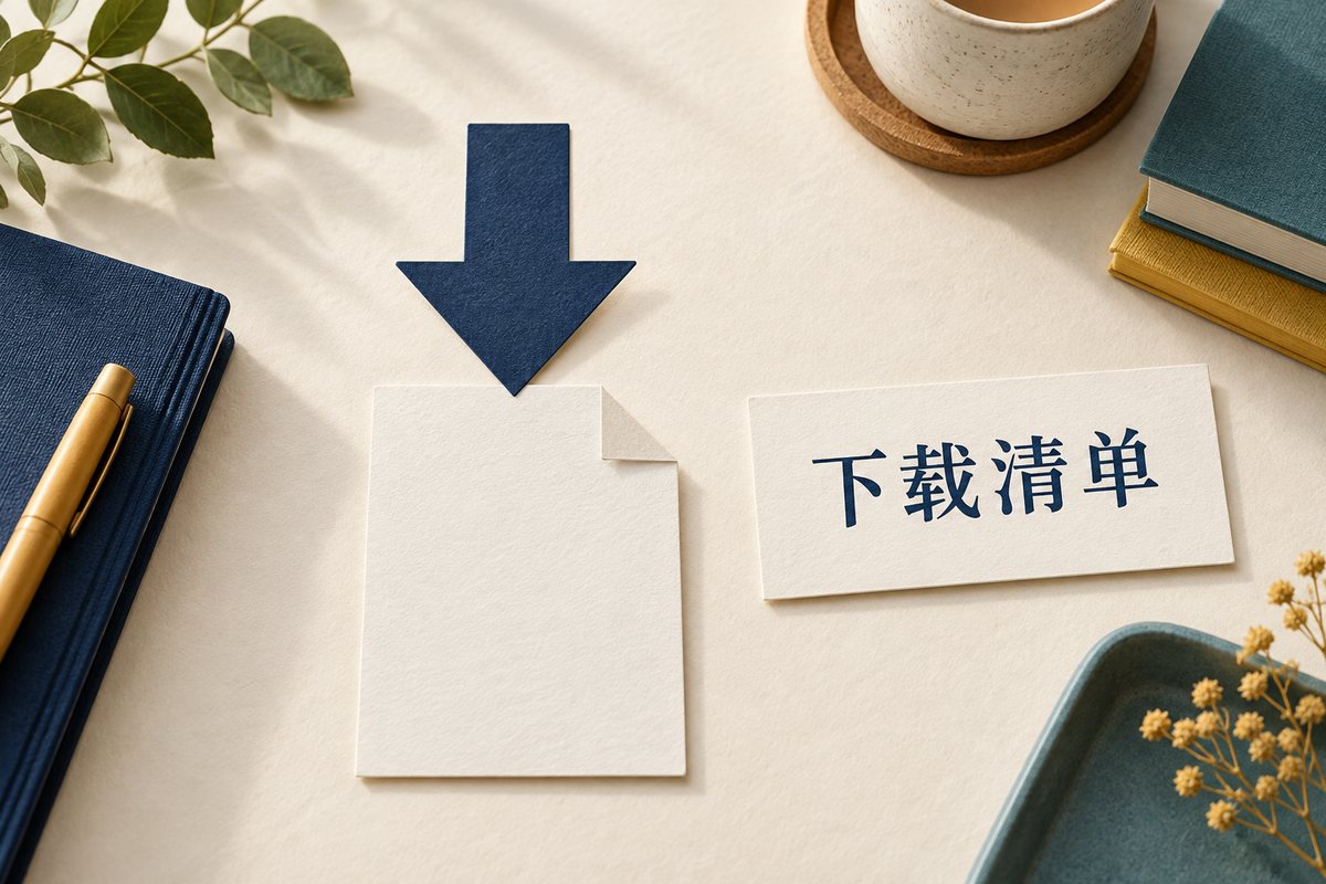 向下箭头纸模、文档与下载清单纸卡，说明功能图需要交代操作用途