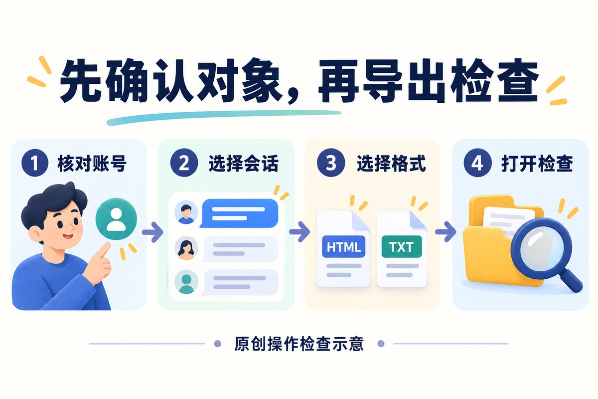 导出前核对账号、会话与格式，导出后打开文件检查的流程示意