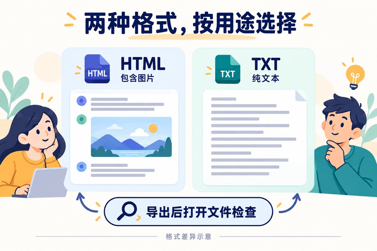 HTML包含图片与TXT纯文本两种聊天记录导出格式的差异示意