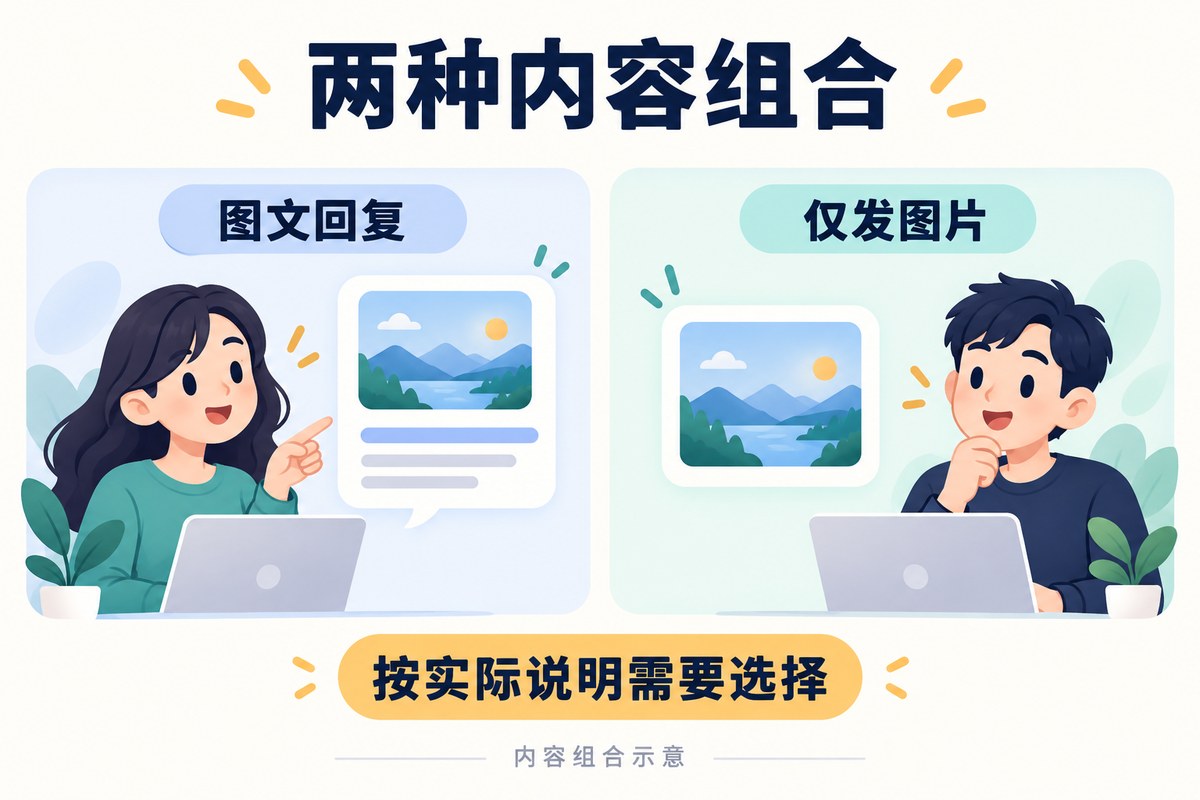 快捷消息图文回复与仅发送图片两种内容组合的比较示意