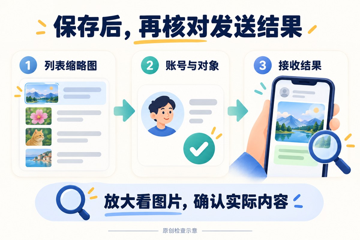 保存快捷消息后核对缩略图、发送对象和接收结果的三步示意